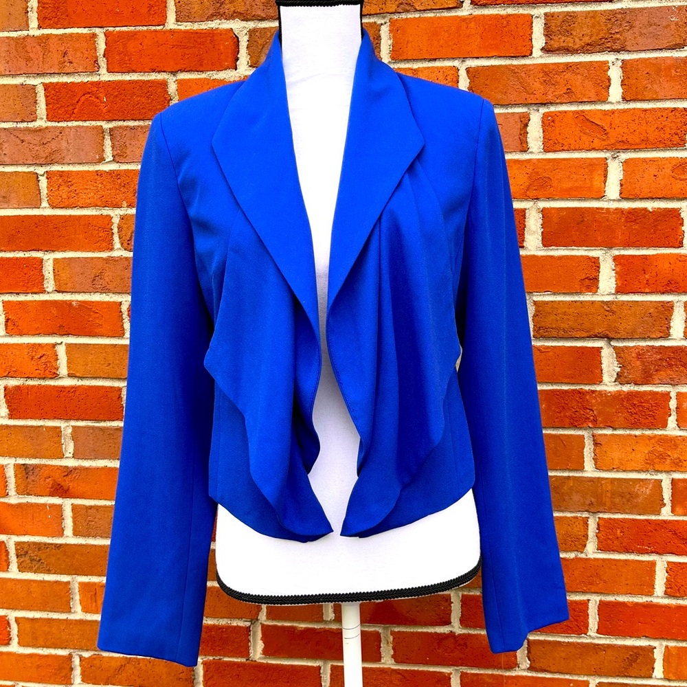 NWT INC International Concepts Goddess Blue Open Front Ruffled Blazer Small